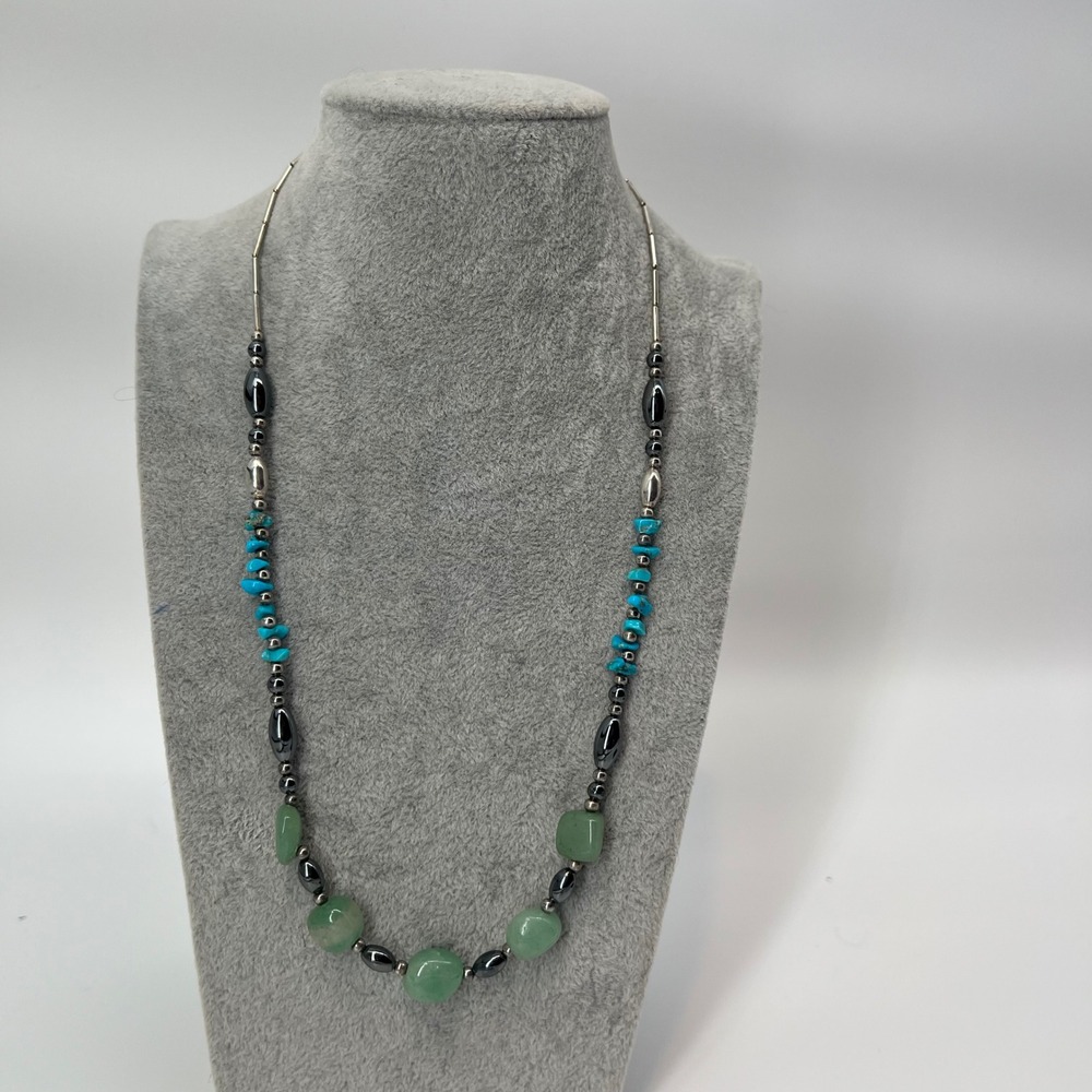 Turquoise Green Stone Hematite‎ Beaded Necklace Boho Statement Jewelry 19 inches